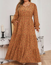 Brown Plus Size Floral Split V Neck Ruffled Sleeve Tiered Maxi Dress (1X-4X)