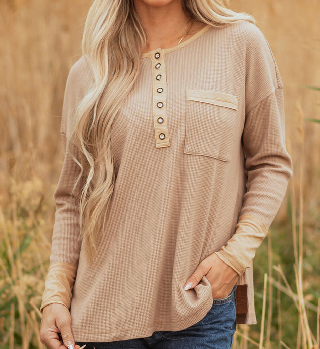 Blake Waffle Textured Tunic Henley Top with Slits (S-XL) Khaki & Green