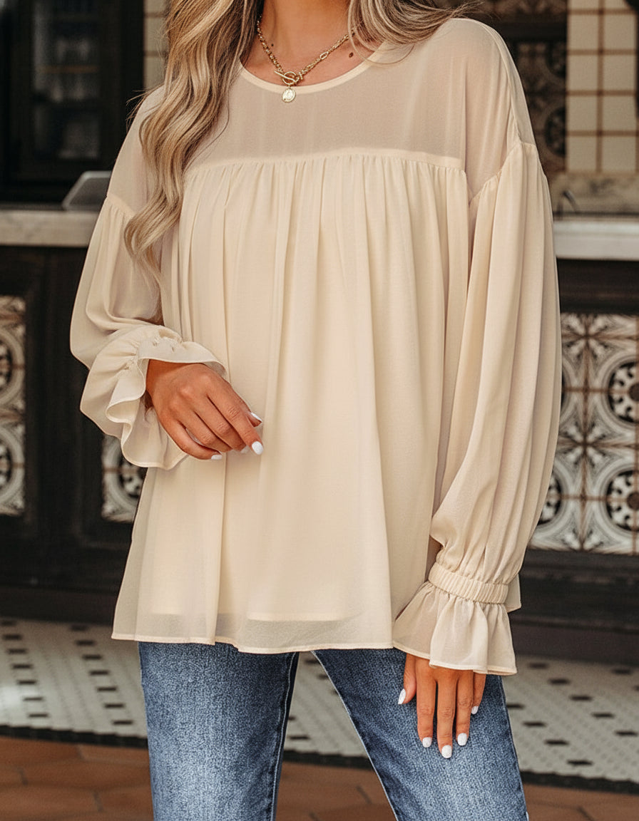 Mayaevi Sleeve Chiffon Blouse Long Sleeve Top (S-XL)