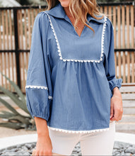 Nevaeh Lace Ric Rac 3/4 Puff Sleeve Collared Babydoll Blouse (S-XL)