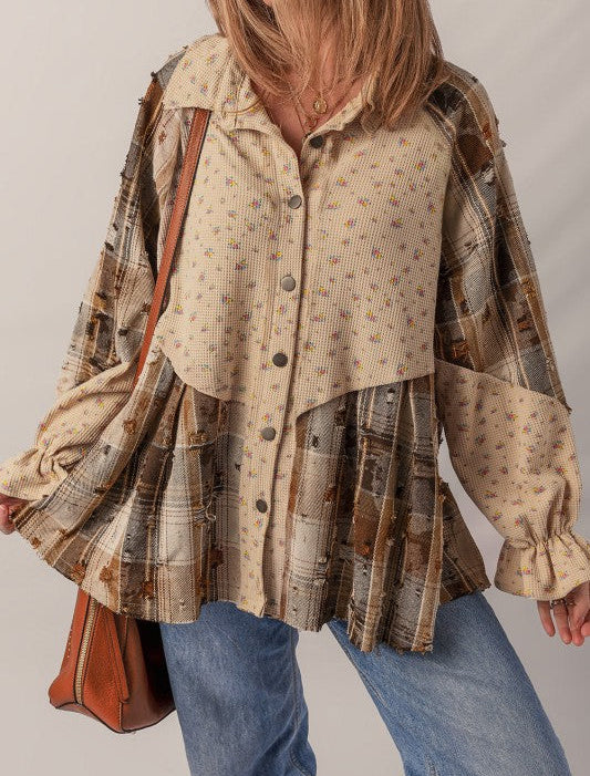 Boho Floral Plaid Patchwork Ruffle Sleeve Waffle Shacket (S-XL)