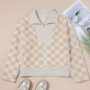 Checker Sherpa Corduroy Patchwork Zip Up Jacket (S-XL)