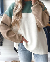 Green Color Block Plain Ribbed Knit Baggy Sweater (S-XL)
