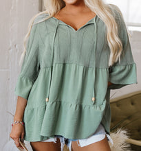 Ensley Tie Split Neck Textured Ruffled Blouse (S-L)