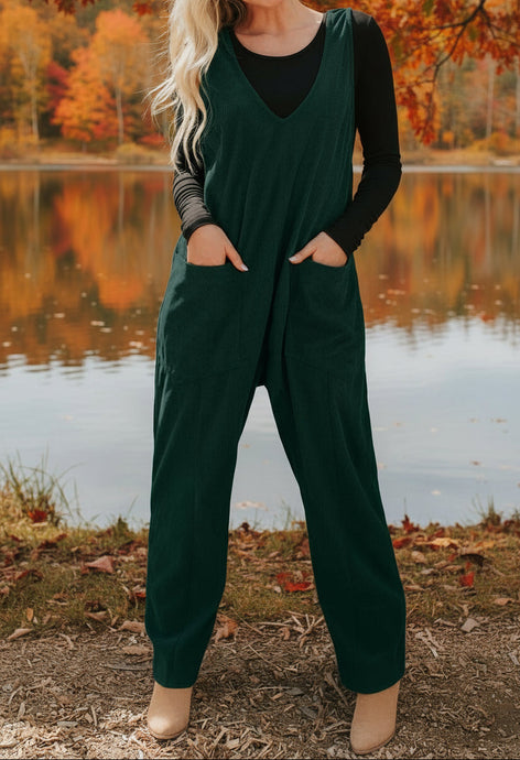 Evergreen Corduroy V Neck Patched Pocket Sleeveless Jumpsuit (S-XL)