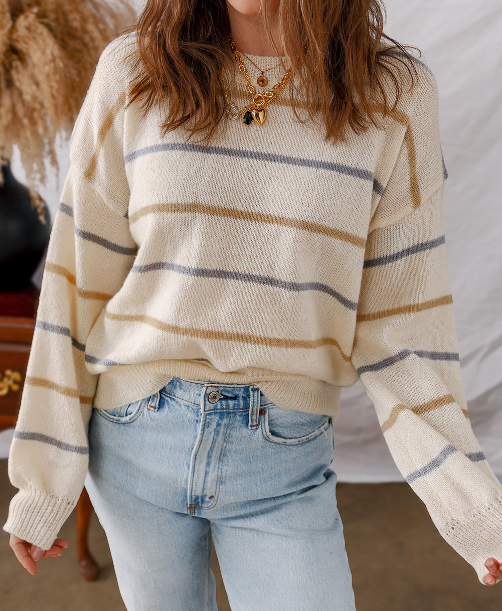 Eden Striped Ribbed Edge Drop Shoulder Sweater (S-XL)