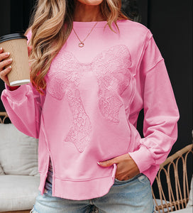 Brianna Lace Bow Embroidered Exposed Seam Sweatshirt