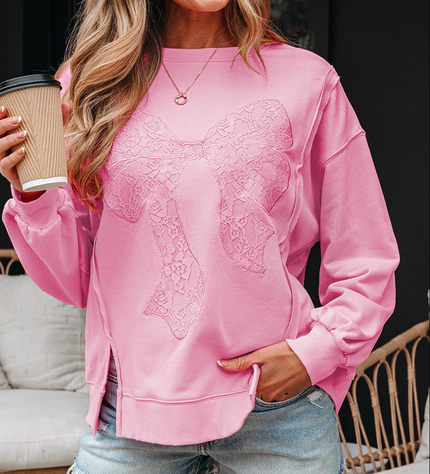 Brianna Lace Bow Embroidered Exposed Seam Sweatshirt