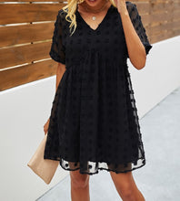 Black Polka Dot V Neck Short Sleeve Babydoll Mini Dress (Large)