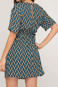 Teal Short Sleeve Geo Print Dress w/ Waist Tie - (S, L)