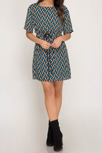 Teal Short Sleeve Geo Print Dress w/ Waist Tie - (S, L)