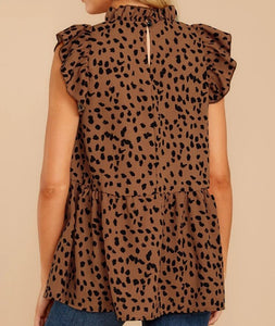 Brown Cheetah Print Loose Fit Top w/ Ruffle High Neck & Sleeves (Small)