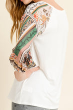 Soft White Jersey Top w/ Quilted Scarf Print Sleeves (Small)