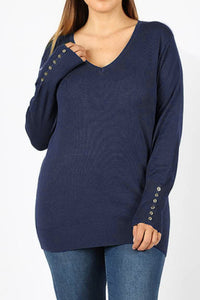 Curvy Navy V-Neck Sweater w/ Sleeve Accent Buttons (1X,2X)
