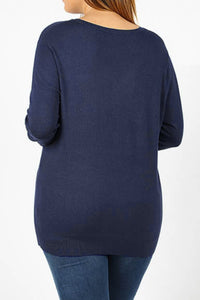 Curvy Navy V-Neck Sweater w/ Sleeve Accent Buttons (1X,2X)