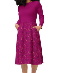 Viva Magenta Floral Long Sleeve Midi Dress (S-4XL)