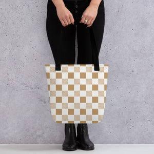 Camel & Cream Checkered Tote Bag