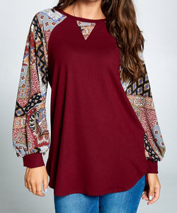 Wine Top w/ Patchwork Pattern Balloon Sleeves (S, M)