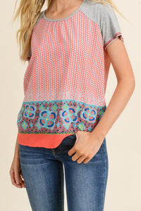 Coral Scarf Print Short Sleeve Top (Small)