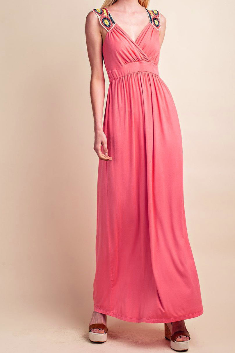 Coral Pink Jersey Knit V-Neck Crochet Back Boho Maxi Dress (Med & Lg) Lilli & Yve Coral Pink Jersey Knit V-Neck Crochet Back Boho Maxi Dress (Med & Lg) Lilli & Yve