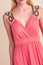 Coral Pink Jersey Knit V-Neck Crochet Back Boho Maxi Dress (Med & Lg)