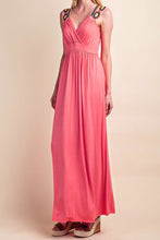 Coral Pink Jersey Knit V-Neck Crochet Back Boho Maxi Dress (Med & Lg)