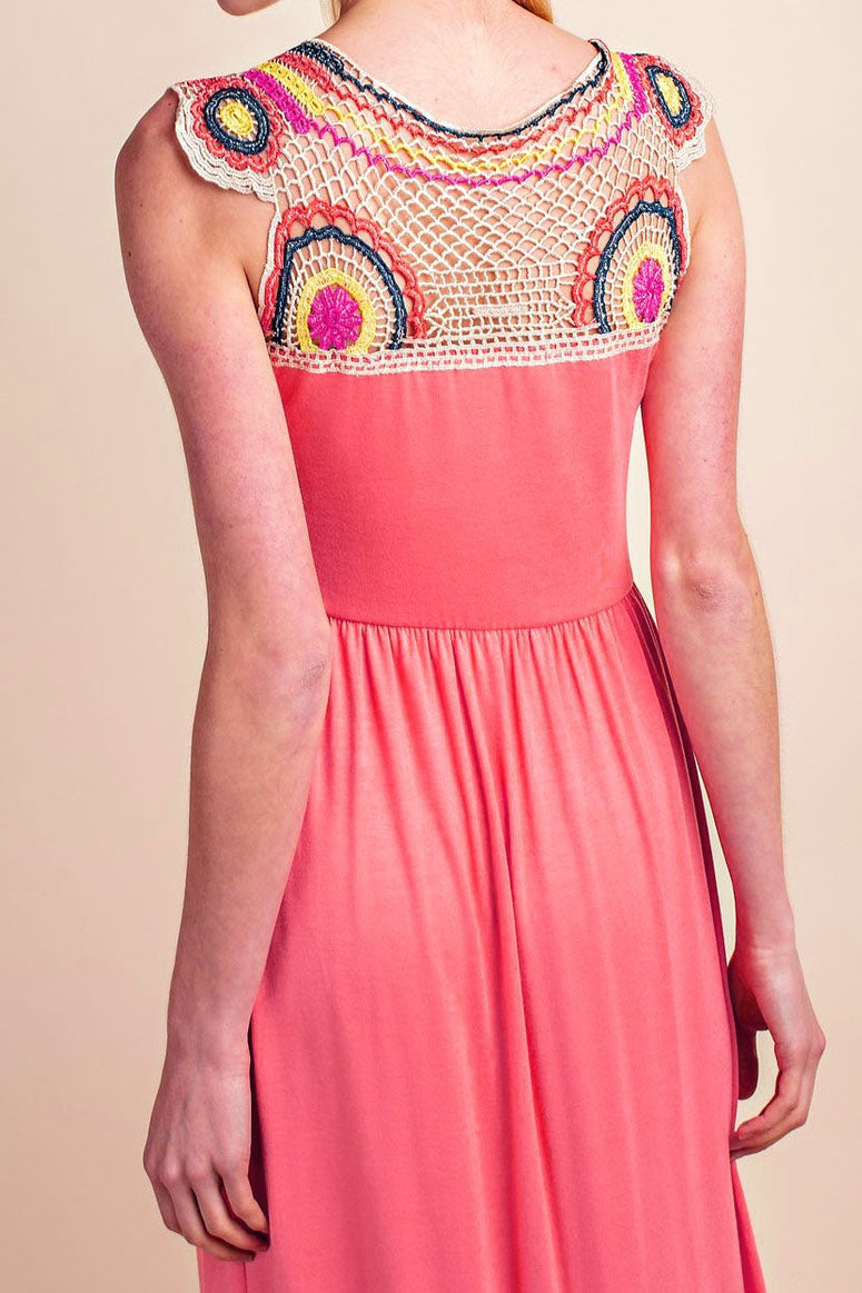Coral Pink Jersey Knit V-Neck Crochet Back Boho Maxi Dress (Med & Lg) Lilli & Yve Coral Pink Jersey Knit V-Neck Crochet Back Boho Maxi Dress (Med & Lg) Lilli & Yve