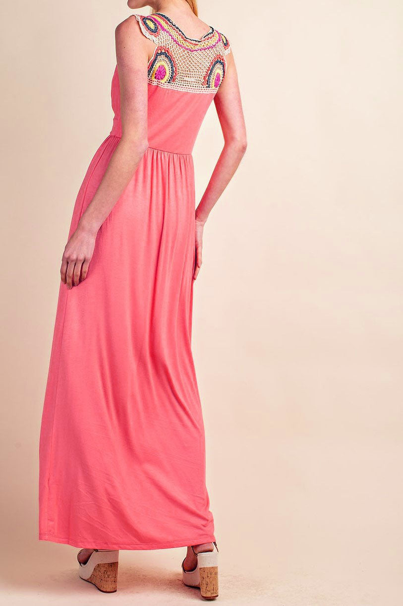 Coral Pink Jersey Knit V-Neck Crochet Back Boho Maxi Dress (Med & Lg) Lilli & Yve Coral Pink Jersey Knit V-Neck Crochet Back Boho Maxi Dress (Med & Lg) Lilli & Yve