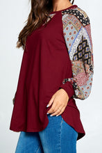 Wine Top w/ Patchwork Pattern Balloon Sleeves (S, M)