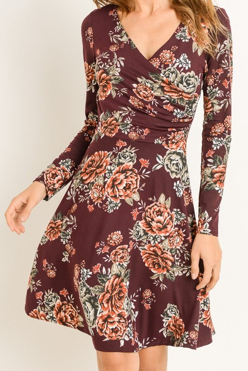 Plum Floral V-Neck A-line Dress (Medium)