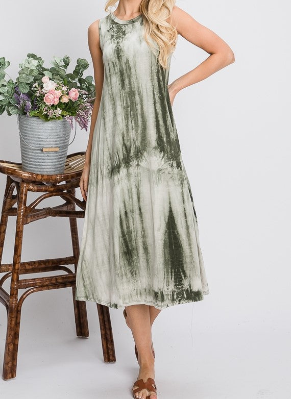 Olive Tie Dye Sleeveless Midi Jersey Dress (L, XL)